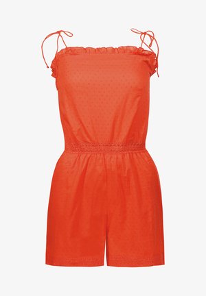 Pomarańczowy, bezrękawnik z falbanami, z fakturowanej tkaniny i elastycznym pasem. Sznureczki na ramionach i koronkowe zdobienia u dołu.