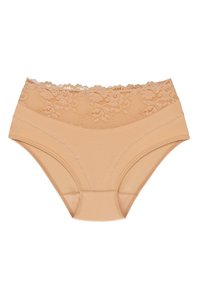 Beige hipsteronderbroek voor vrouwen met een bloemenkant tailleband. Zachte stof met een gladde textuur en een middellange pasvorm.