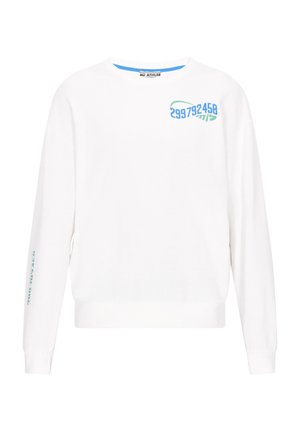 Fehér, hosszú ujjú pulóver, kerek nyakkal és bordás mandzsettával. Kék és zöld grafikák találhatóak a mellkason és az ujján. Puha anyagú textúra.