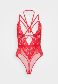 Rød blonde bodysuit med indviklede blomster m�ønstre, netdetaljer og krydsede stropper. Har en åben ryg og justerbare stropper.