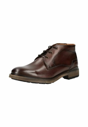 Braune Leder-Stiefeletten mit glatter Oberfläche, runder Zehenform und Schnürdesign. Verfügt über eine Gummisohle und minimale Nahtakzente.