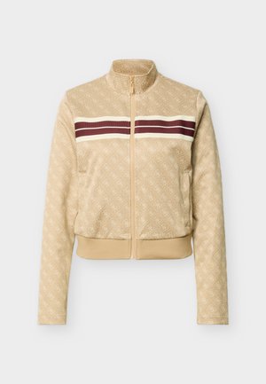 Béžová bunda na zip s vysokým límcem, jemným celoplošným vzorem a dvěma vodorovnými bílými a vínovými pruhy přes hrudník.