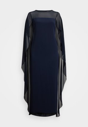 Abito blu navy con maniche a mantella trasparenti e fluenti e una silhouette dritta. Tessuto morbido con un colletto rotondo modesto e lunghezza alla caviglia.