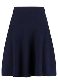 Jupe bleu marine avec une taille ajustée, une silhouette évasée et un tissu lisse et texturé. Design simple sans embellissements visibles.