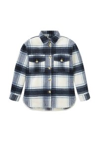 Langärmlige Hemdjacke mit einem karierten Muster in Schwarz, Weiß und Grau sowie zwei knöpfbaren Brusttaschen vorne.