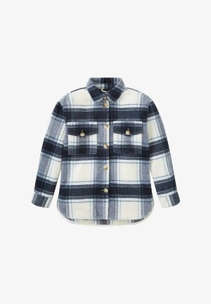 Camisa chaqueta de botón de manga larga con un patrón de cuadros en negro, blanco y gris y dos bolsillos en el pecho con botón en la parte frontal.