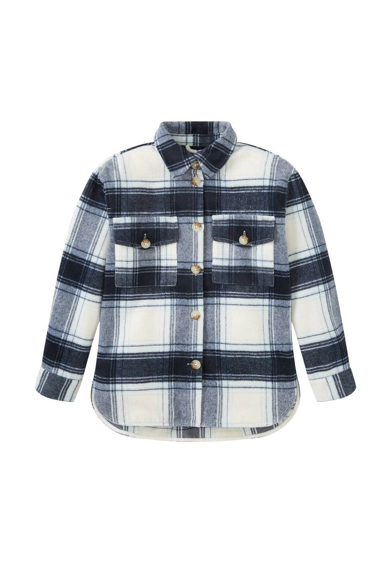 Langärmlige Hemdjacke mit einem karierten Muster in Schwarz, Weiß und Grau sowie zwei knöpfbaren Brusttaschen vorne.
