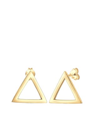 Paire de boucles d’oreilles clous triangulaires ouvertes en or avec fermoirs à pression sur fond blanc.