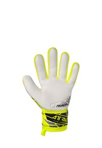Guanto da portiere con palmo in lattice bianco, cuciture di accento giallo, un retro testurizzato e una chiusura al polso rinforzata per supporto.
