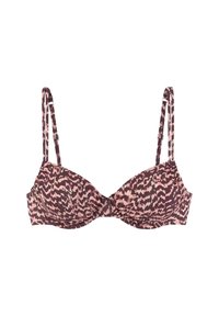 Beha met gevormde cups in een roze en bruine abstracte patroon, verstelbare bandjes en een geplooid ontwerp aan de zijkanten. Zacht, rekbaar materiaal.