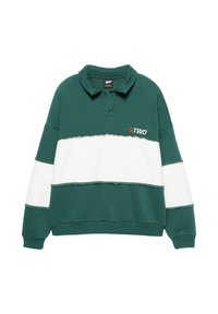 Felpa a blocchi di colore verde e bianco con colletto, caratterizzata da orli grezzi e logo ricamato "STWD" in rosso. Texture del tessuto morbida.