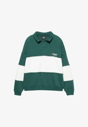 Groen en witte color-blocked sweatshirt met een kraag, voorzien van een ruwe zoom en geborduurd "STWD" logo in het rood. Zachte stoftextuur.