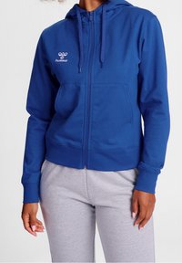 Sudadera azul con cremallera, hecha de una tela suave, con un bolsillo frontal y capucha ajustable. Presenta un pequeño logo en el lado izquierdo del pecho. Pantalones de chándal grises visibles.
