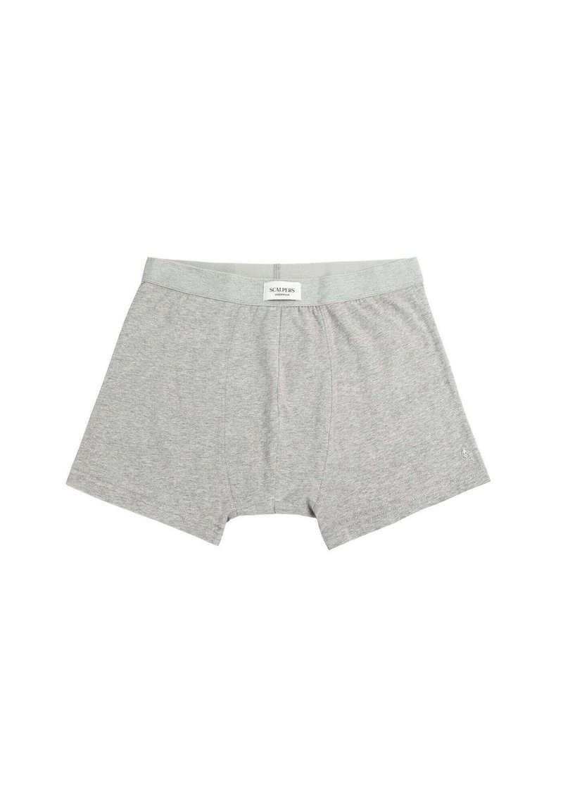 Boxer shorts de algodón grises con una cinturilla suave, que presentan una etiqueta con el nombre de la marca. Diseño simple sin patrones ni acentos visibles.