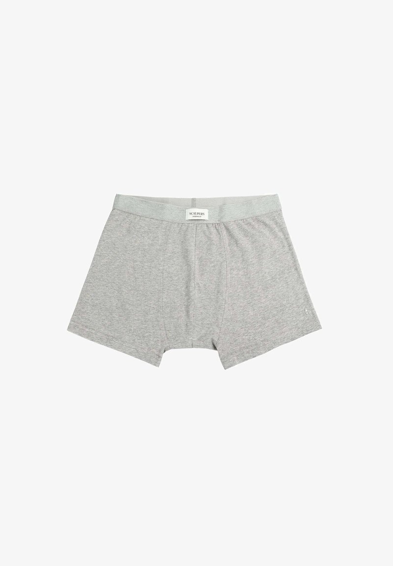 Gray cotton boxer shorts with a soft waistband, featuring a tag with the brand name. Simple design with no visible patterns or accents.