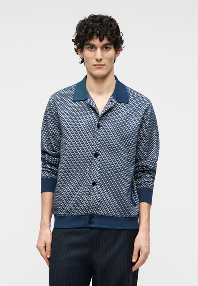 Jeune homme aux cheveux bouclés portant un cardigan bleu à motifs boutonné et un pantalon sombre à fines rayures, debout devant un fond uni.