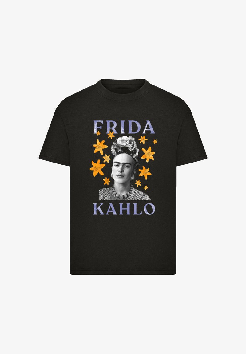 Black cotton t-shirt featuring a graphic print of Frida Kahlo in grayscale, surrounded by orange flowers and purple text reading "Frida Kahlo."