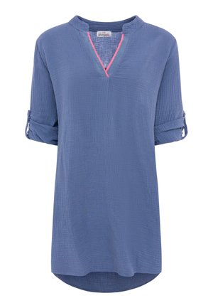 Blaue strukturierte Tunika mit hochgekrempelten 3/4-Ärmeln, V-Ausschnitt mit schmalem pinkfarbenem Rand und leicht gerundetem Saum.