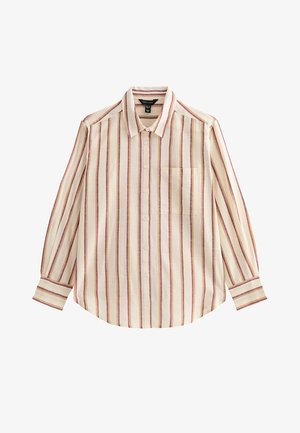 Long-sleeve button-up shirt with vertical beige, brown, and maroon stripes and a chest pocket on a white background.