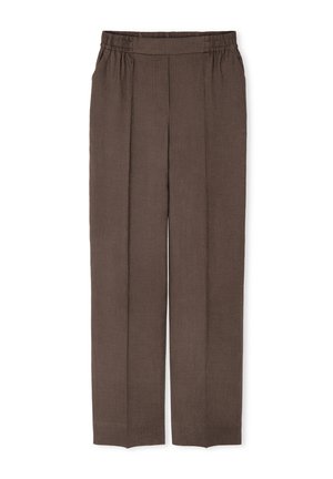Pantalons en lin marron avec une taille élastique, dotés de deux plis avant, de jambes droites et d'une finition lisse et texturée.