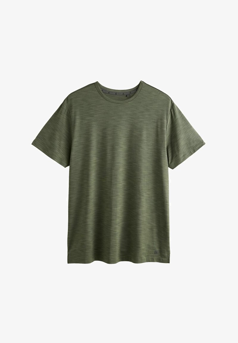 Olivgrön t-shirt, korta ärmar, rund hals, textil med subtila horisontella ränder, med en liten logotyp på fållen.