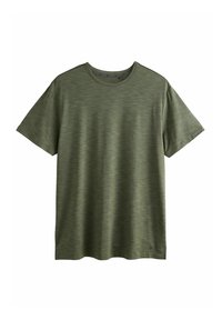 T-shirt corto a maniche corte color verde oliva realizzato in materiale morbido, con una texture liscia e un classico scollo rotondo. Motivo a righe discreto.