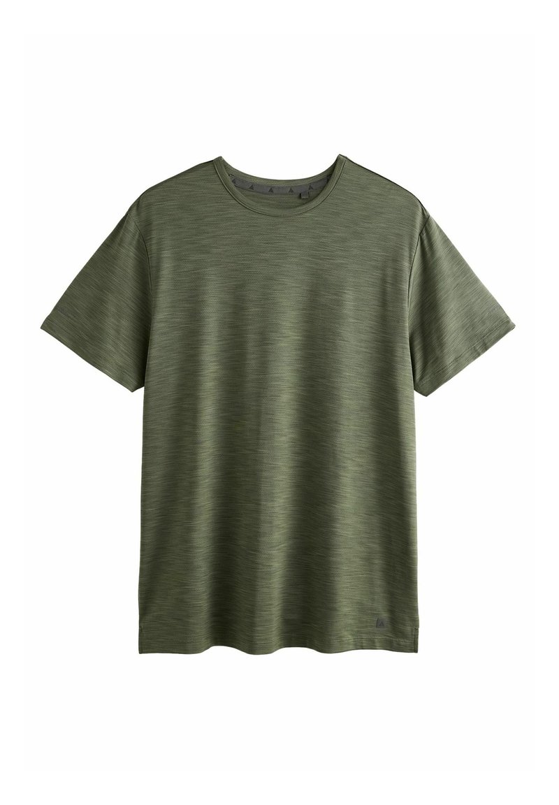 T-shirt corto a maniche corte color verde oliva realizzato in materiale morbido, con una texture liscia e un classico scollo rotondo. Motivo a righe discreto.