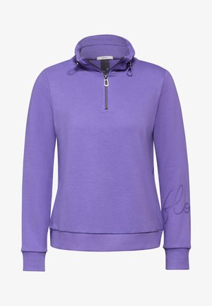 Lilla pullover sweatshirt med høj krave, lynlås lukning, lange ærmer og broderet detaljering på ærmet. Blød stoftekstur.