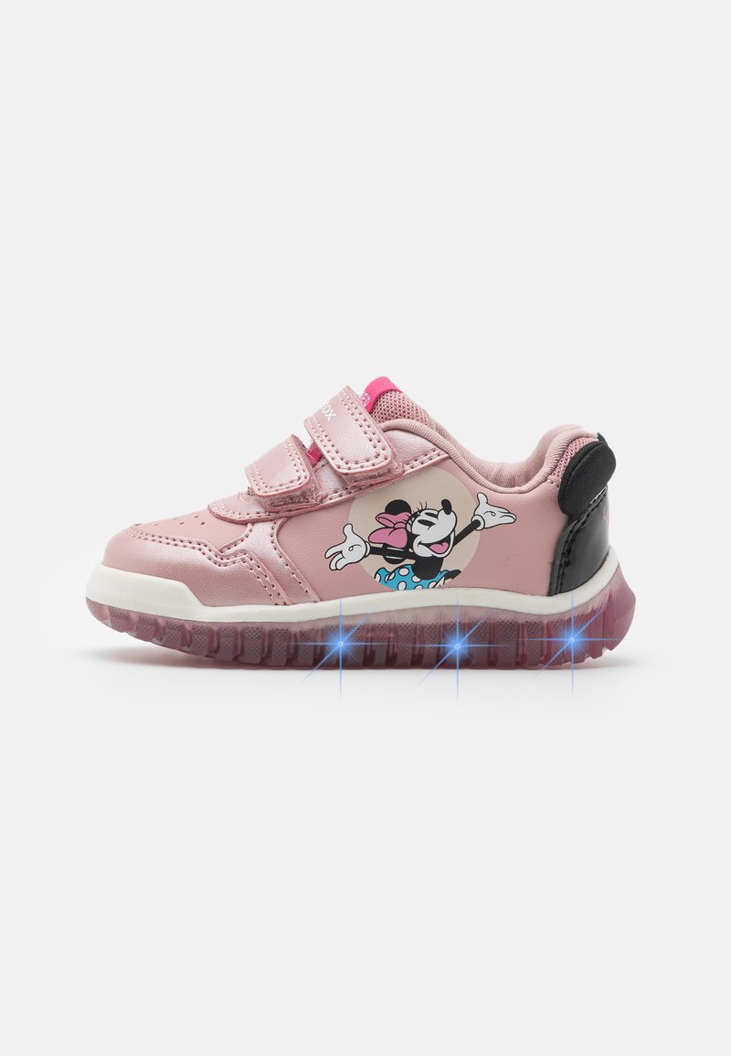 Pink sneaker with two velcro straps, featuring a cartoon character graphic, black heel accent, and a translucent, light-up sole.