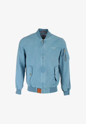 Hellblau bomberjacke mit durchgehendem Reißverschluss, gerippten Bündchen und Taillenbund. Verfügt über zwei Seitentaschen und eine Reißverschlusstasche am Ärmel.