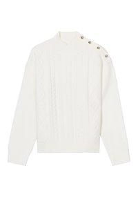 Pull en maille blanche avec un col montant, orné d'un motif en cablé et de quatre boutons décoratifs sur l'épaule. Texture douce, coupe décontractée.