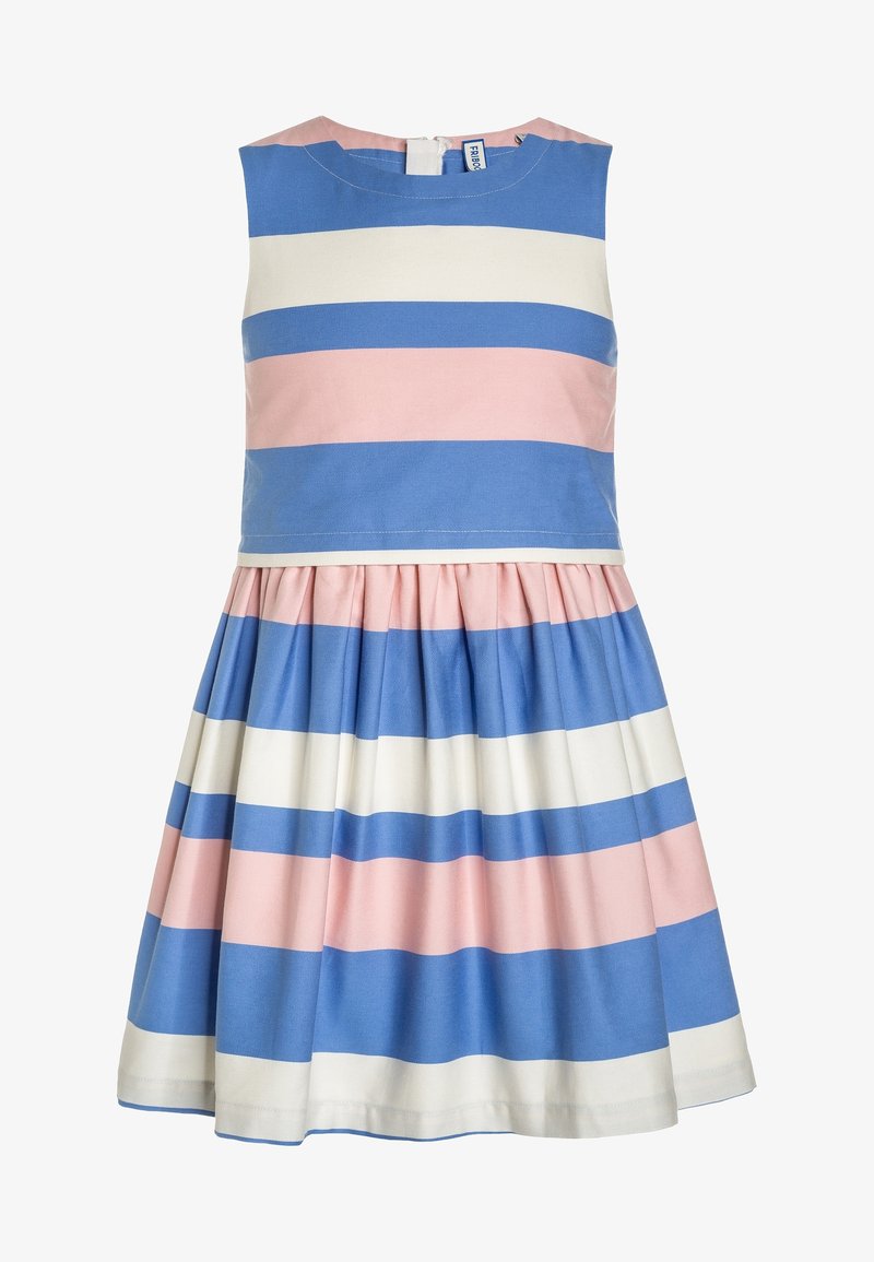 Robe sans manches avec de larges rayures horizontales en bleu, rose et blanc, dotée d'un corsage ajusté et d'une jupe plissée.