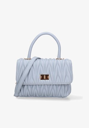 Lichtblauwe gewatteerde handtas met een gestructureerde vorm, bovenhandvat en koperen sluiting. Beschikt over een afneembare schouderband en een gladde textuur.