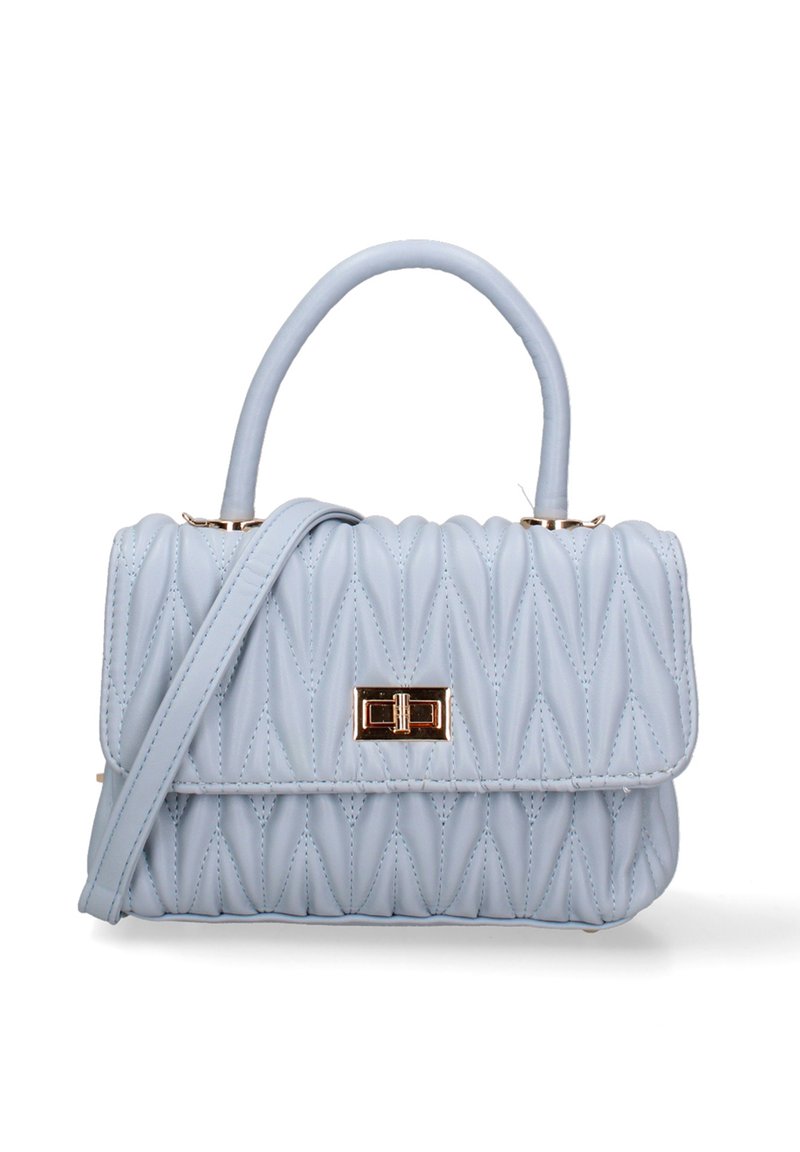 Lichtblauwe gewatteerde handtas met een gestructureerde vorm, bovenhandvat en koperen sluiting. Beschikt over een afneembare schouderband en een gladde textuur.