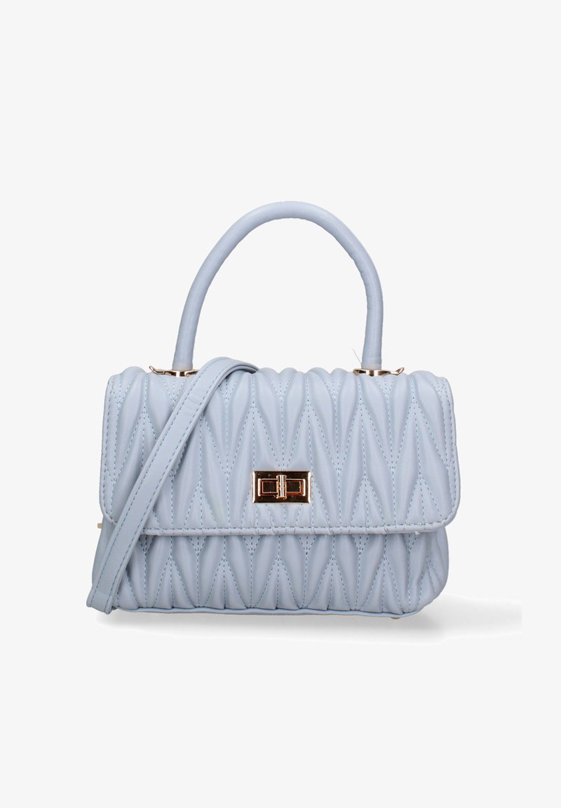 Borsa a tracolla trapuntata di colore azzurro chiaro, con una forma strutturata, manico superiore e chiusura in tono oro. Dotata di una tracolla rimovibile e una texture liscia.