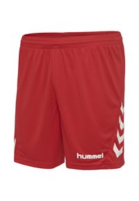 Rote Sportshorts mit elastischem Bund, weißem hummel-Logo am linken Bein und weißen Chevron-Mustern an den Seiten.