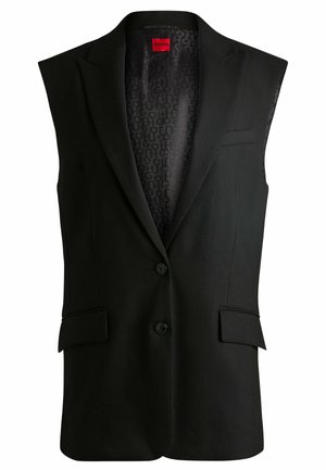 Gilet sans manches noir avec deux boutons à l'avant, revers crantés et un intérieur à motifs présentant le nom de la marque. Deux poches latérales.