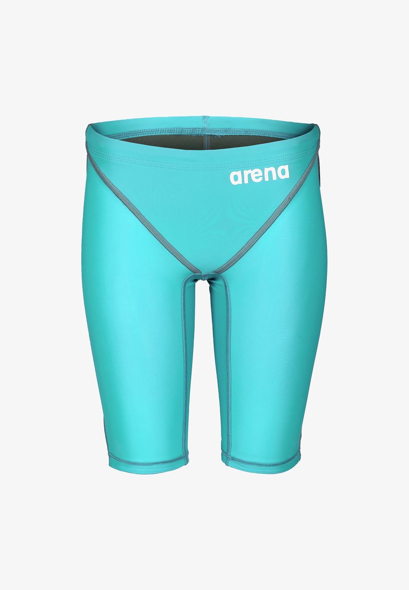 Jammer de natation turquoise longueur genou avec des détails de coutures grises et le logo blanc « arena » sur la hanche droite.