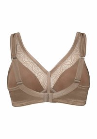 Bh i beige med en mjuk, slät tyg och spetsdetaljer. Har justerbara axelremmar och en v-ringad design. Bakre stängning ingår.