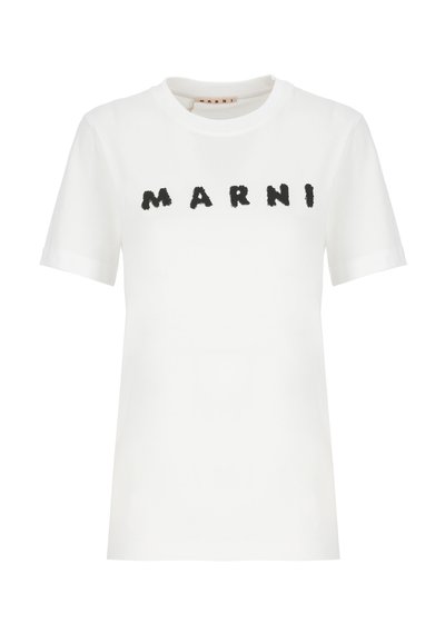 T-shirt bianca in cotone con collo a giro e maniche corte, con il nome del marchio "MARNI" stampato in un carattere nero testurizzato sul petto.