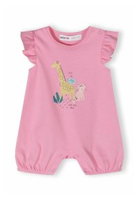 Mono de algodón rosa con mangas con vuelo, con diseño de jirafa y leopardo, cierres a presión en el hombro y las piernas, y dobladillo fruncido.