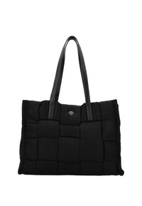 Sort quiltet tote bag med glatte læderhåndtag og et mønstret tekstur. Har et lille guld accentlogo på forsiden.