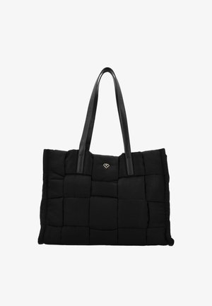 Zwarte gewatteerde tote bag met gladde leren handvatten en een patronenstructuur. Voorzien van een klein gouden accentlogo aan de voorkant.