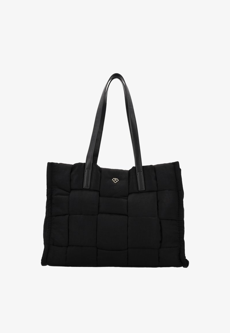 Zwarte gewatteerde tote bag met gladde leren handvatten en een patronenstructuur. Voorzien van een klein gouden accentlogo aan de voorkant.