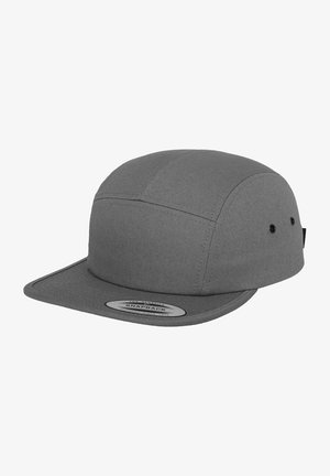 Gray snapback cap with a flat brim, made of textured fabric. Features a slightly rounded crown and a size-adjustable strap at the back.