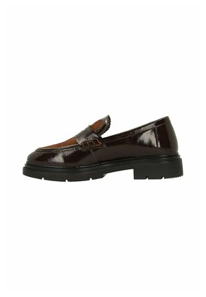 Brown patent leather loafer with a rounded toe, textured design on the upper, and a chunky black rubber sole. Ideal for formal settings.