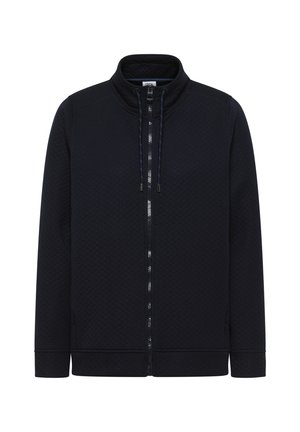 Giacca a zip blu marine con colletto alto, tessuto testurizzato e due tasche laterali. Presenta dettagli a contrasto scuri e cordini regolabili.