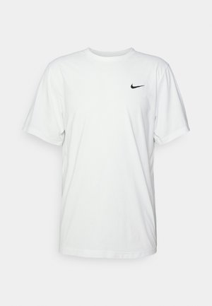 Weißes Baumwoll-T-Shirt mit kurzen Ärmeln, rundem Halsausschnitt und schwarzem Nike-Logo auf der linken Brust. Glattes, leichtes Material.