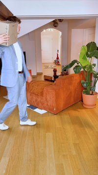 Sofa din catifea portocalie cu o pătură din țesătură, plantă în ghiveci, podea din lemn masiv și o persoană care poartă o cutie din carton într-un costum albastru deschis.