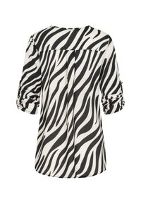 Black and white zebra-striped top with rolled sleeves, round neckline, and a pleat detail at the back. Made from a smooth, lightweight fabric.